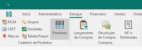 Guia Estoque do NewPDV com o botão Produtos destacado