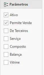Painel de parâmetros do cadastro de produto