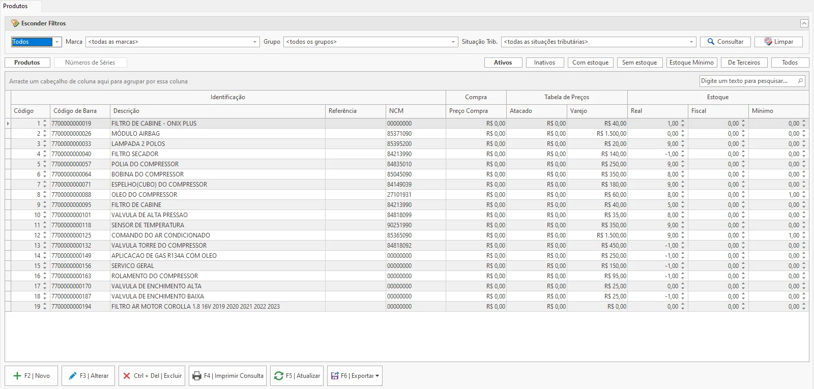 Lista principal de produtos cadastrados no NewPDV