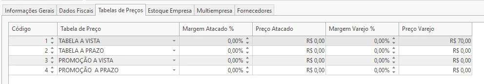 Aba Tabelas de Preços com as linhas Tabela à Vista, a Prazo, Promoção à Vista e a Prazo, e as colunas Margem Atacado, Preço Atacado, Margem Varejo e Preço Varejo