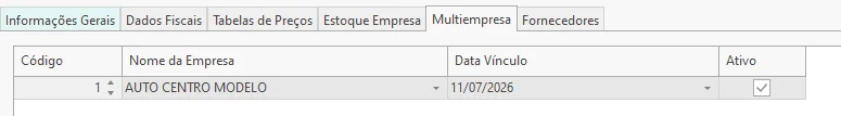 Aba Multiempresa com colunas Código, Nome da Empresa, Data Vínculo e Ativo