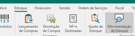 Guia Estoque com os botões Ajuste de Estoque e Movimentação de Estoque destacados