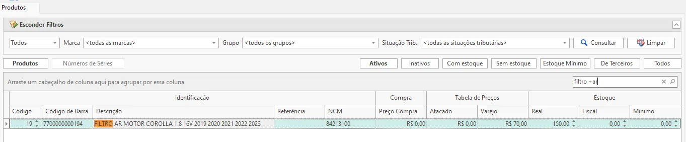 Lista de produtos com a pesquisa localizando o produto para alterar o saldo