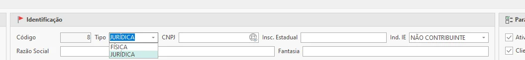 Identificação de pessoa jurídica com Tipo JURÍDICA, CNPJ, Inscrição Estadual, Indicador de IE, Razão Social e Fantasia