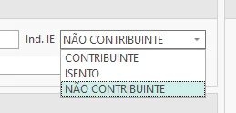 Lista do Indicador de IE com as opções Contribuinte, Isento e Não Contribuinte