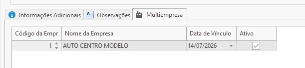 Aba Multiempresa da pessoa com Código da Empresa, Nome da Empresa, Data de Vínculo e Ativo